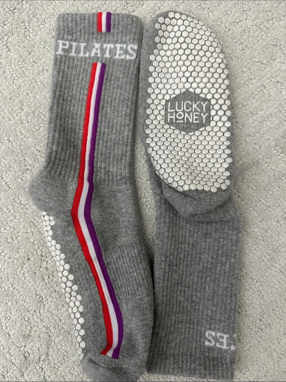 Lucky Honey Gray Pilates Grip Socks with Red & Purple Stripes